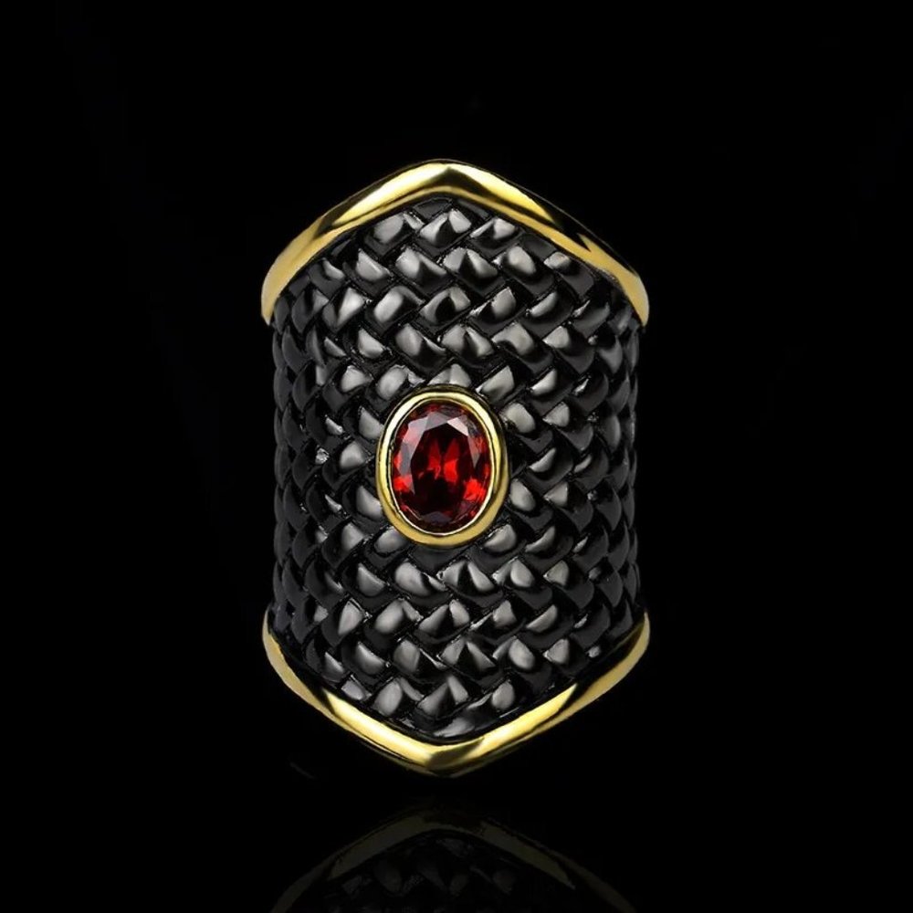 Wide Abstract 925 Silver Black Gold Inlaid Red Zircon Statement Cocktail…